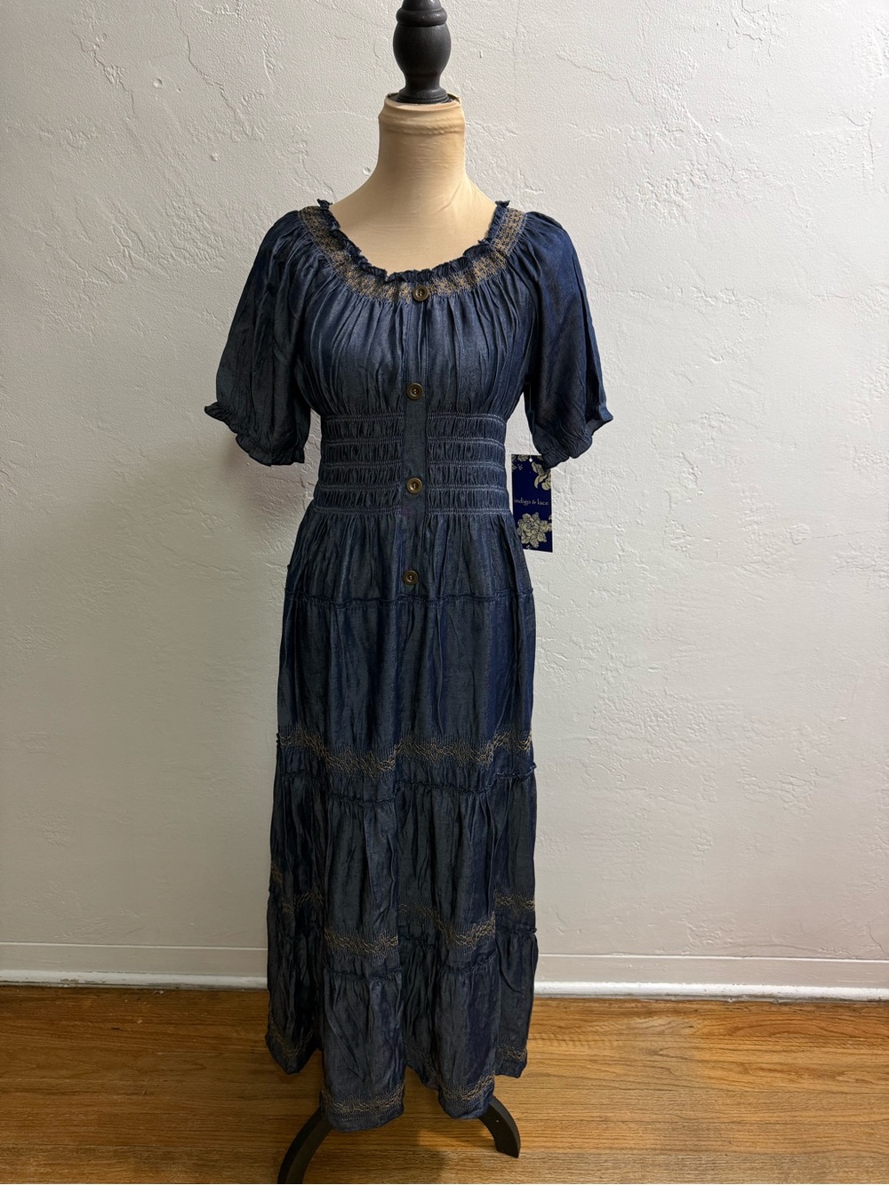 Smocked Navy Blue Maxi Dress with Button-Front Detail